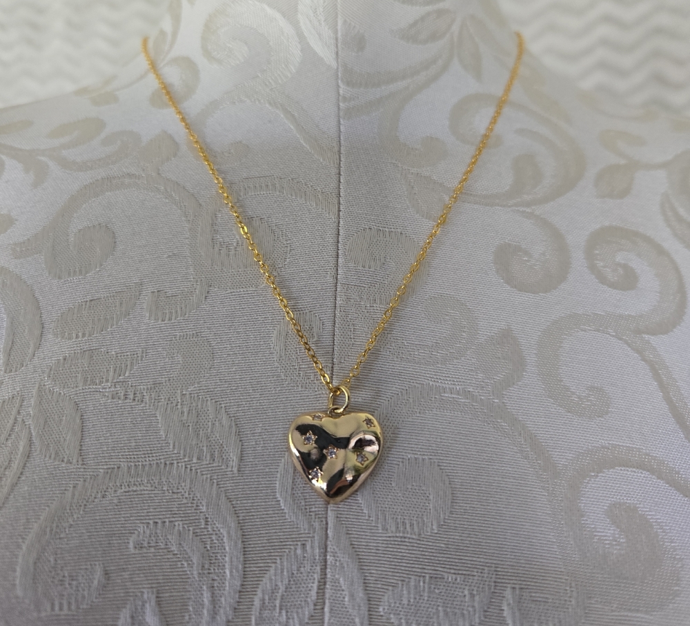 Gold Heart and Star Pendant Necklace With Rhinestones